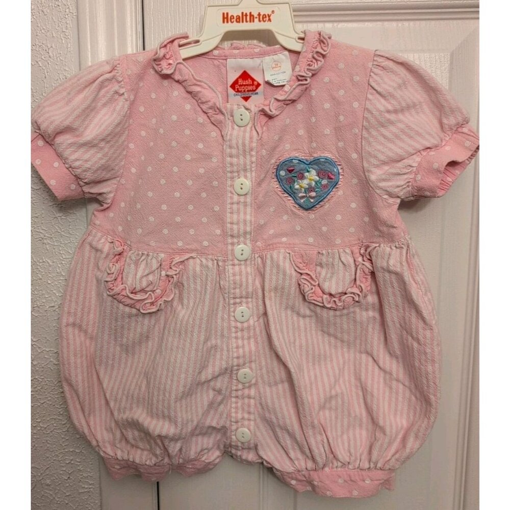 Vintage Hush Puppies Baby Girls Bubble Romper 18 Month Rocking Horse Pink Blue